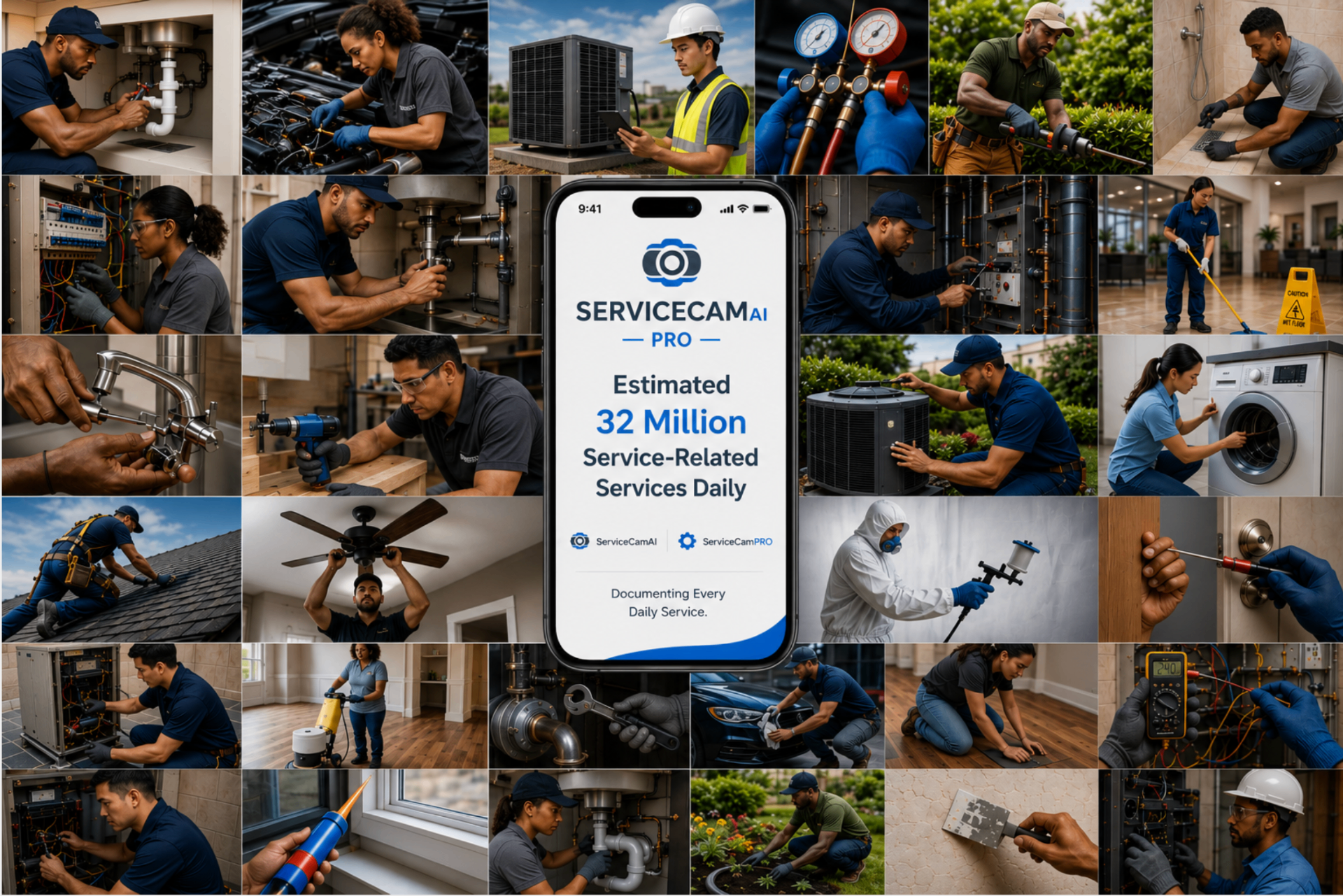 Collage of home service professionals — plumbing, HVAC, electrical, cleaning, pest control, appliance repair — with the ServiceCamAi app documenting an estimated 32 million service-related services daily