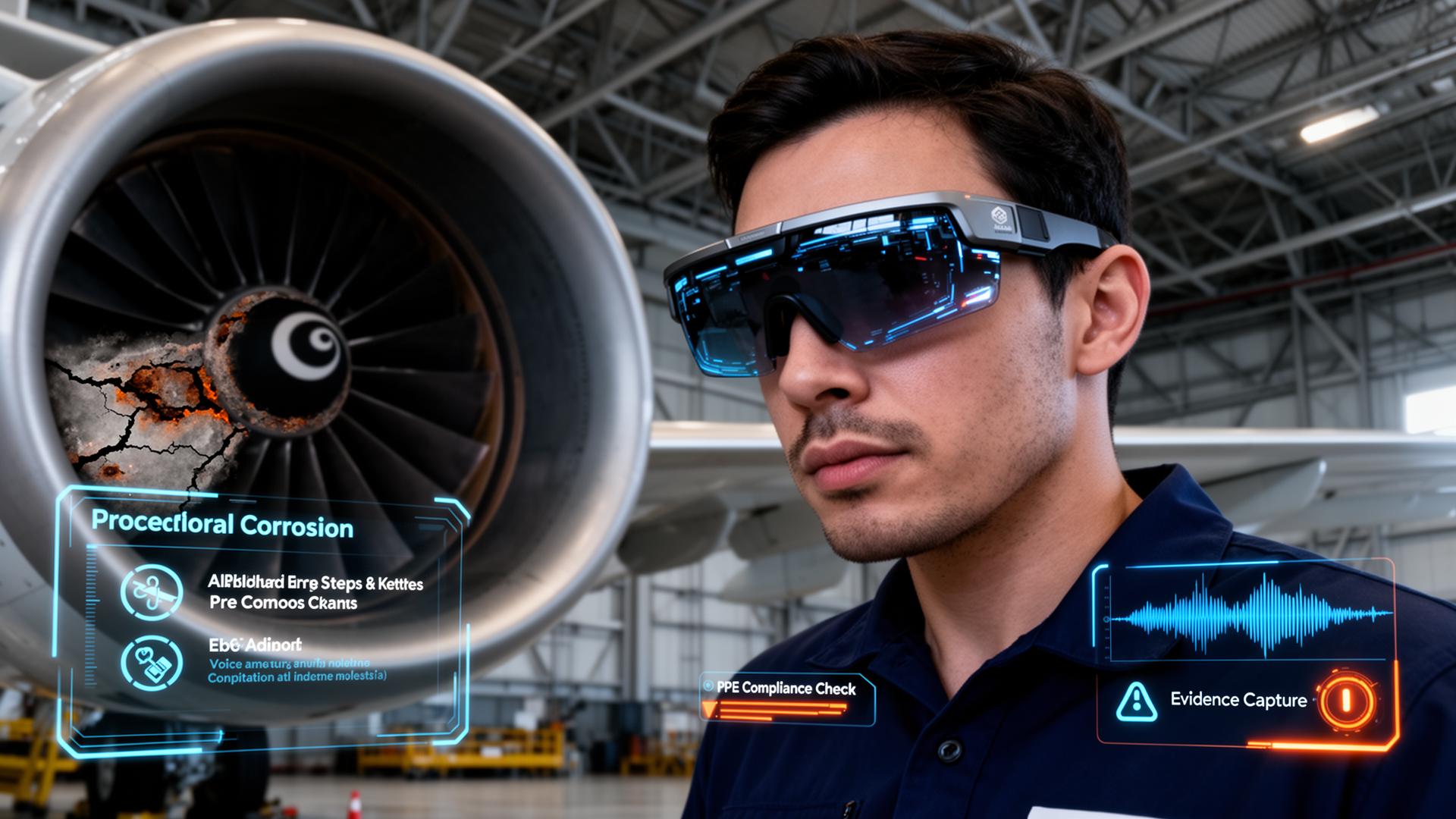 Technician using AI smart glasses with live HUD overlays inspecting a jet engine