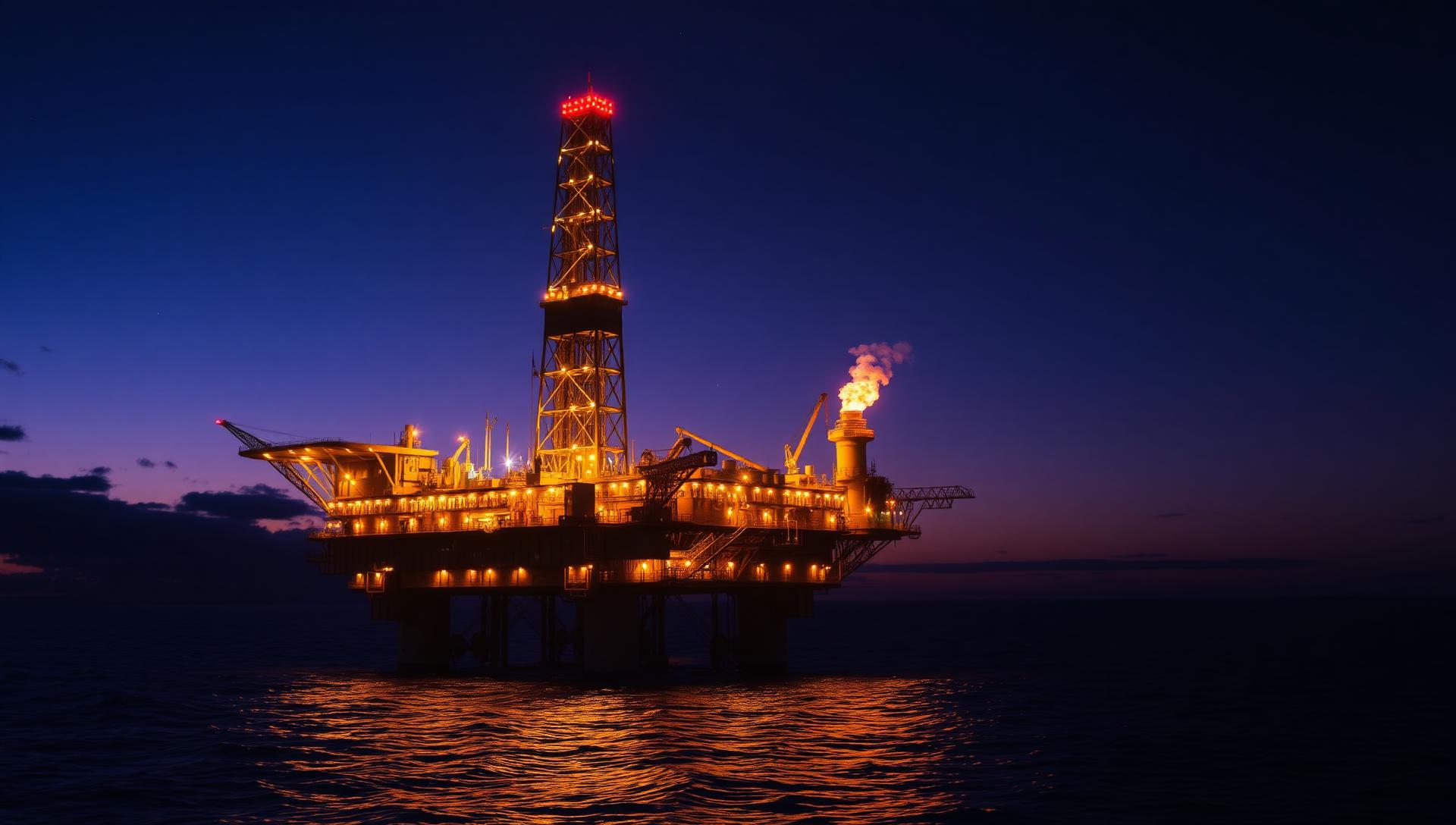 Illuminated offshore platform at twilight