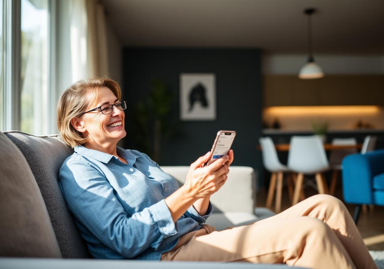 Susan smiling on her sofa using the ServiceCamAi home archive