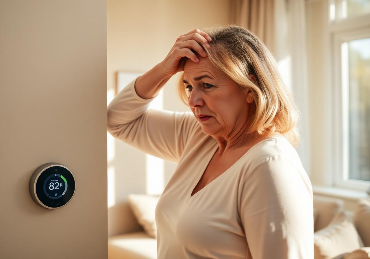 Susan frustrated next to a thermostat showing 82 degrees