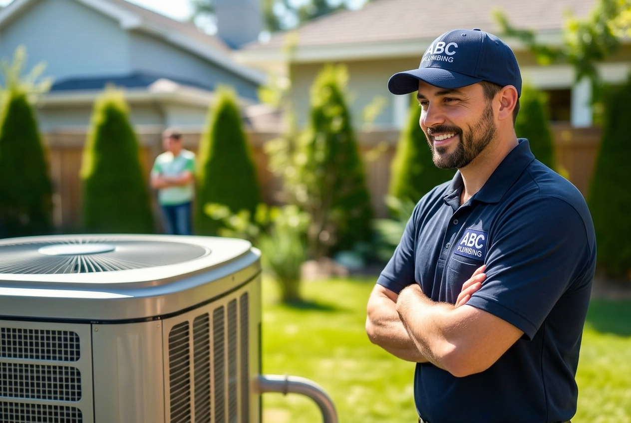 Friendly HVAC technician working on outdoor AC unit